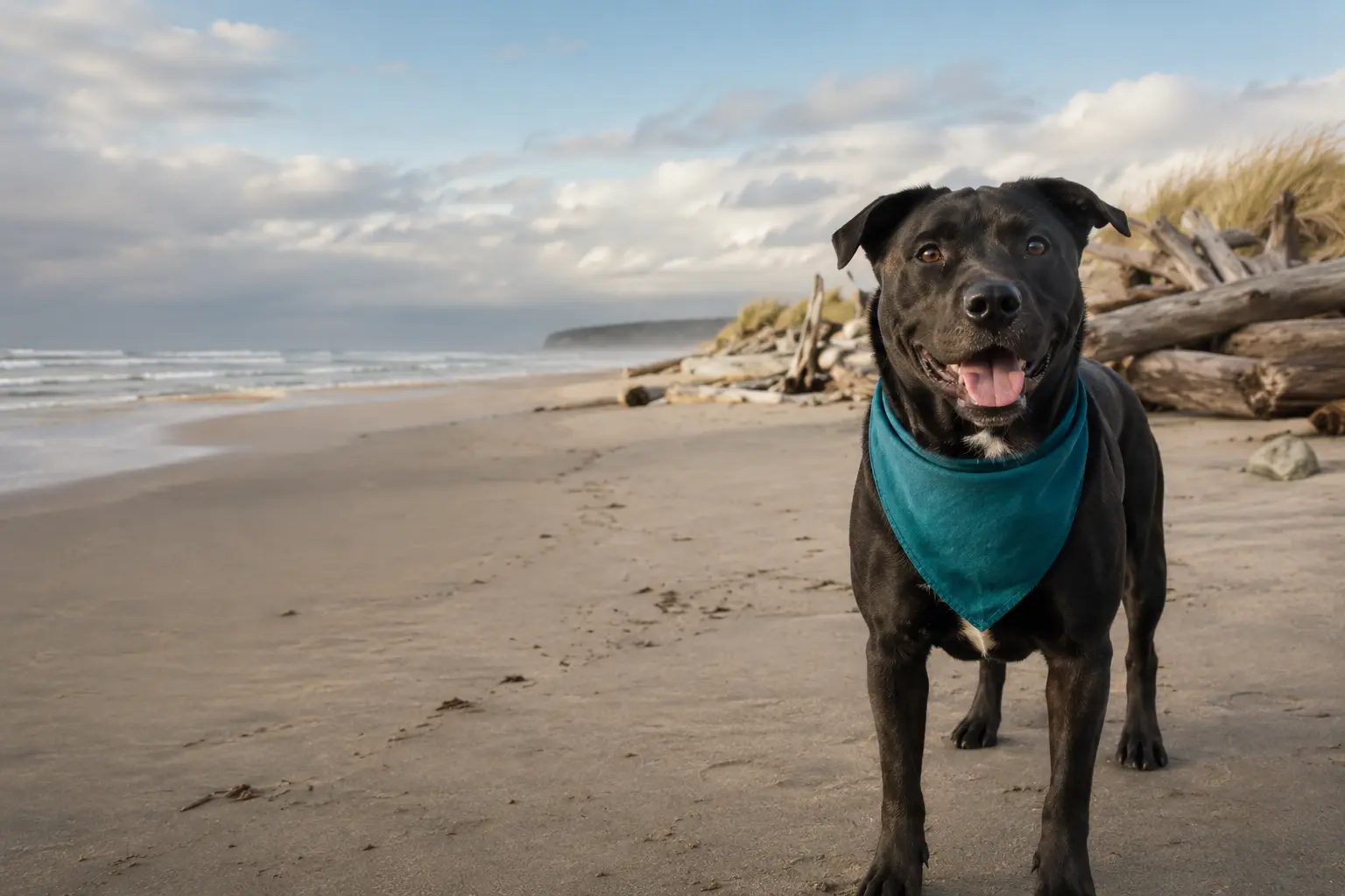 A happy black rescue dog wearing a teal bandana on a Pacific Northwest beach